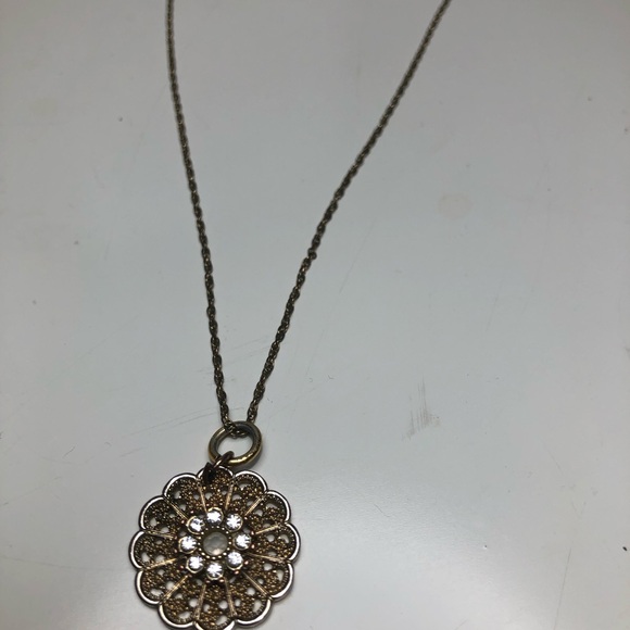 Vintage Filigree Gold and Rhinestones Circular Pendant Necklace on a 9” Chain - Picture 2 of 8